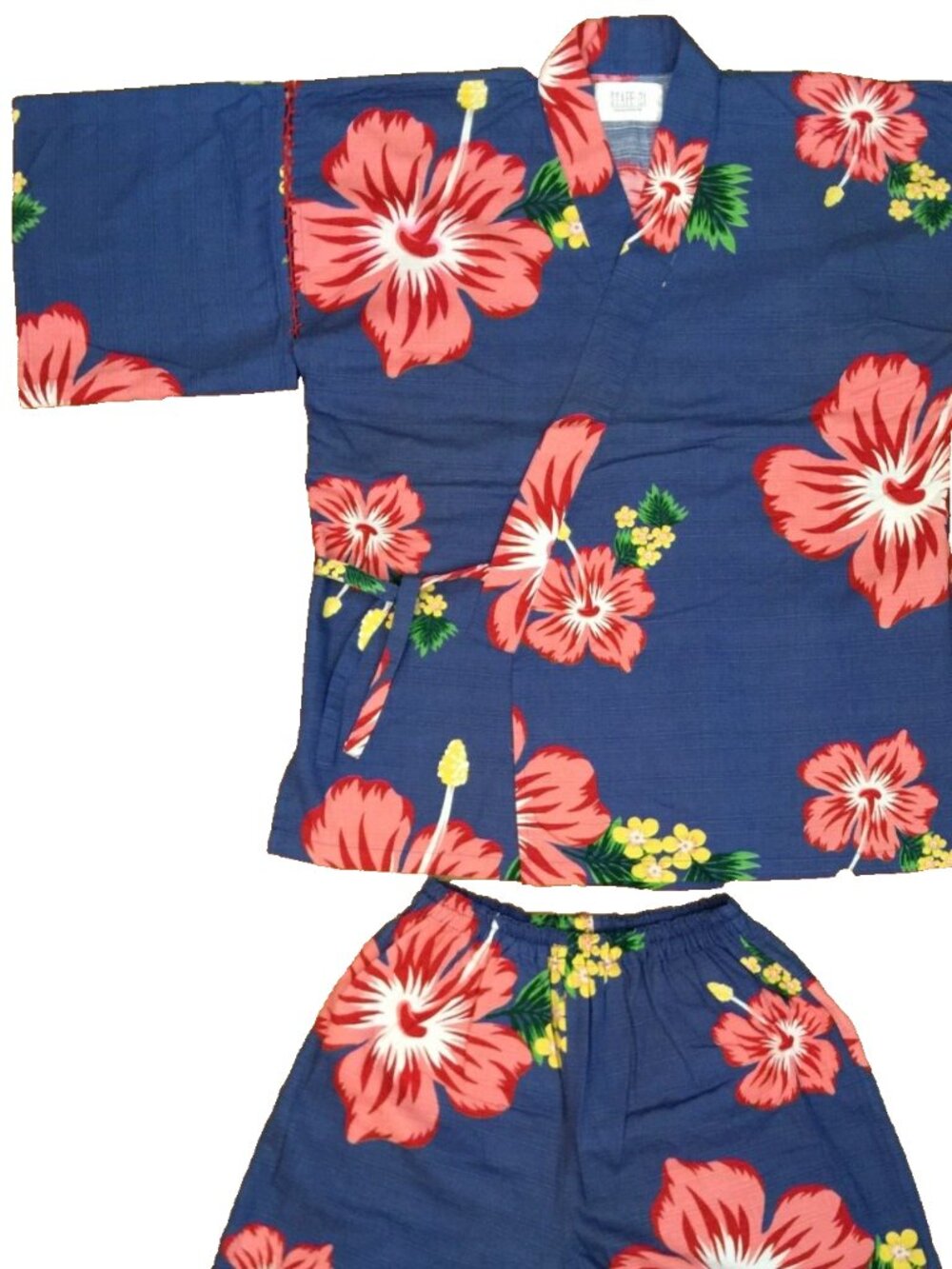 JAPANESE JINBEI KIMONO JACKET SHORTS WOMENS S M BLUE PINK FLORAL COTTON 2PC SET